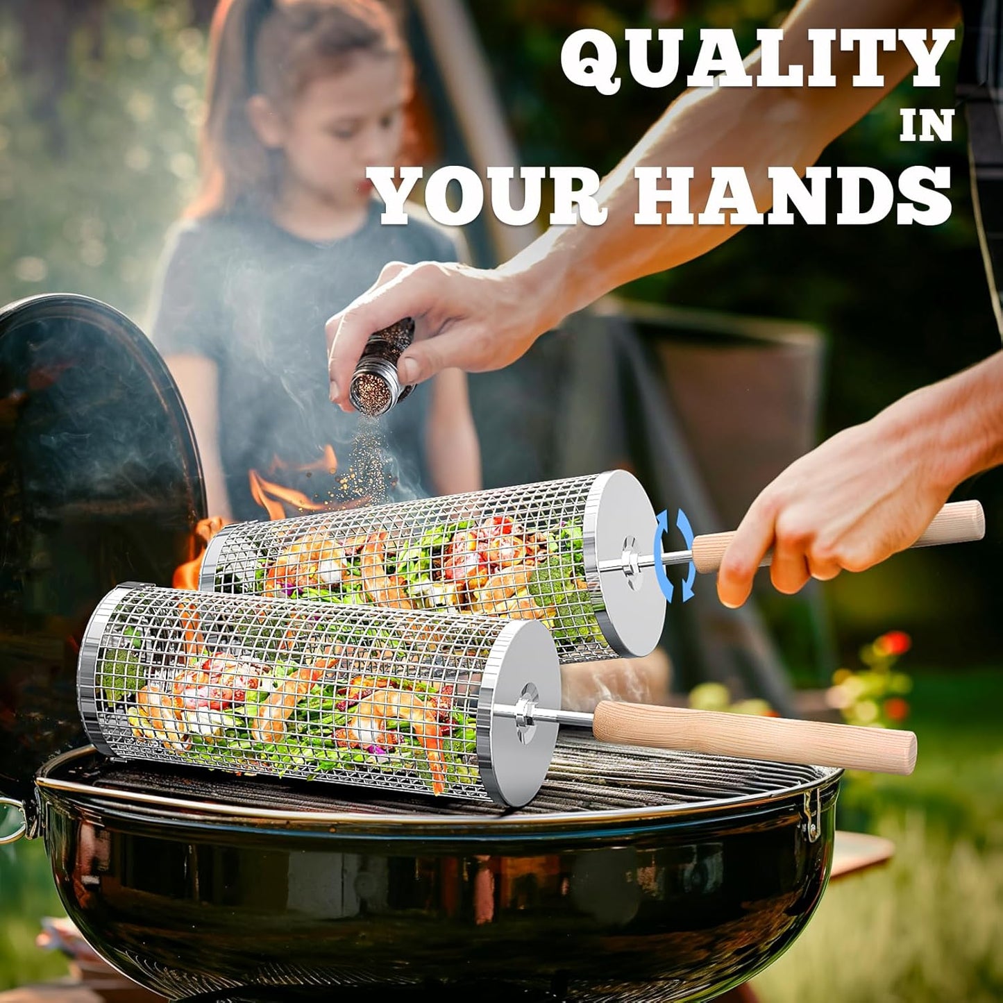 ivtivfu 304 stainless steel rolling grill basket with removable wooden handle for outdoor BBQ and camping — Veterans Value Hub