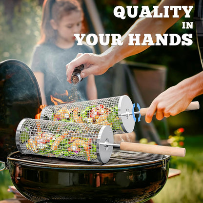 ivtivfu 304 stainless steel rolling grill basket with removable wooden handle for outdoor BBQ and camping — Veterans Value Hub