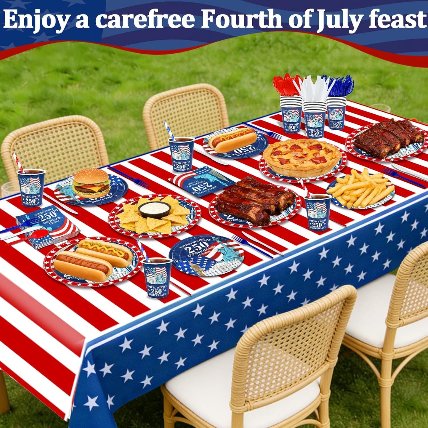 256-piece 4th of July patriotic party supplies set in red white and blue including disposable plates cups napkins cutlery forks spoons and straws serving 32 guests