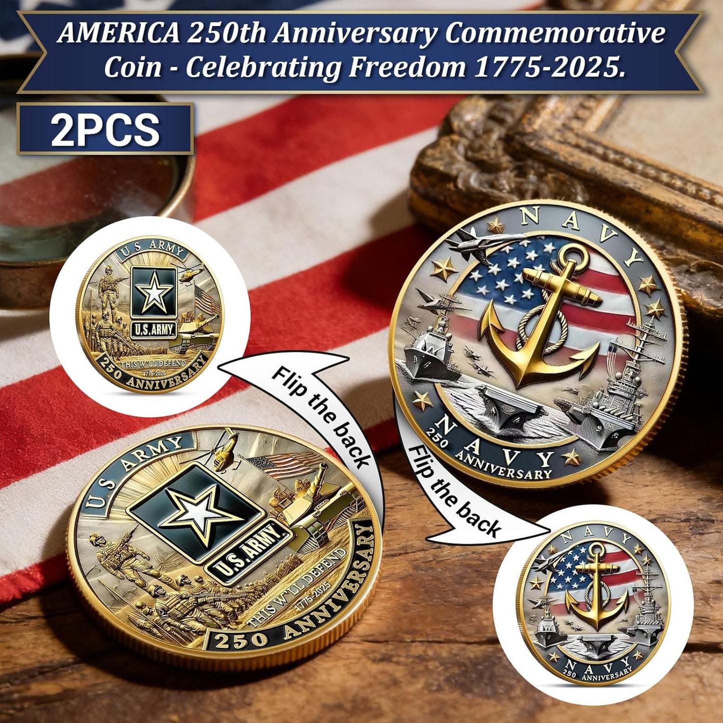 250th Anniversary Army and Navy 3-piece gold-tone military challenge coin set