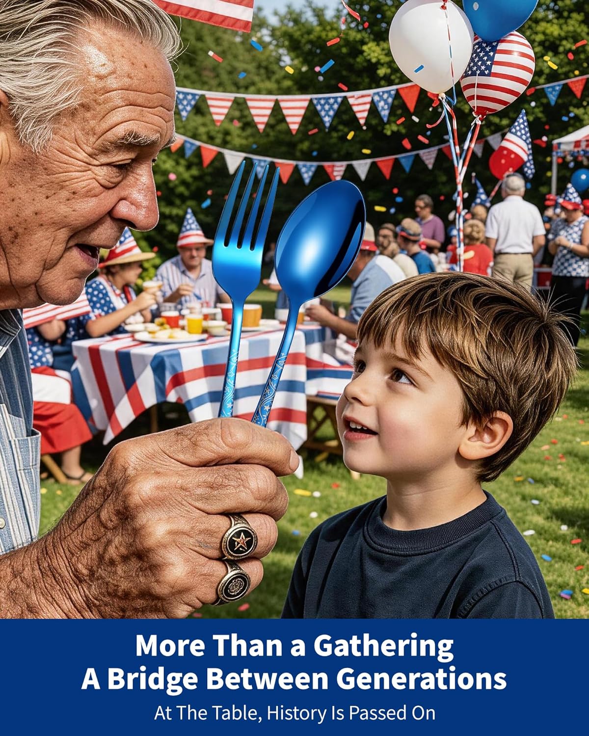 24-piece patriotic blue stainless steel flatware set with laser engraved Bald Eagle and Statue of Liberty designs, forks and spoons for 12, 4th of July party supplies