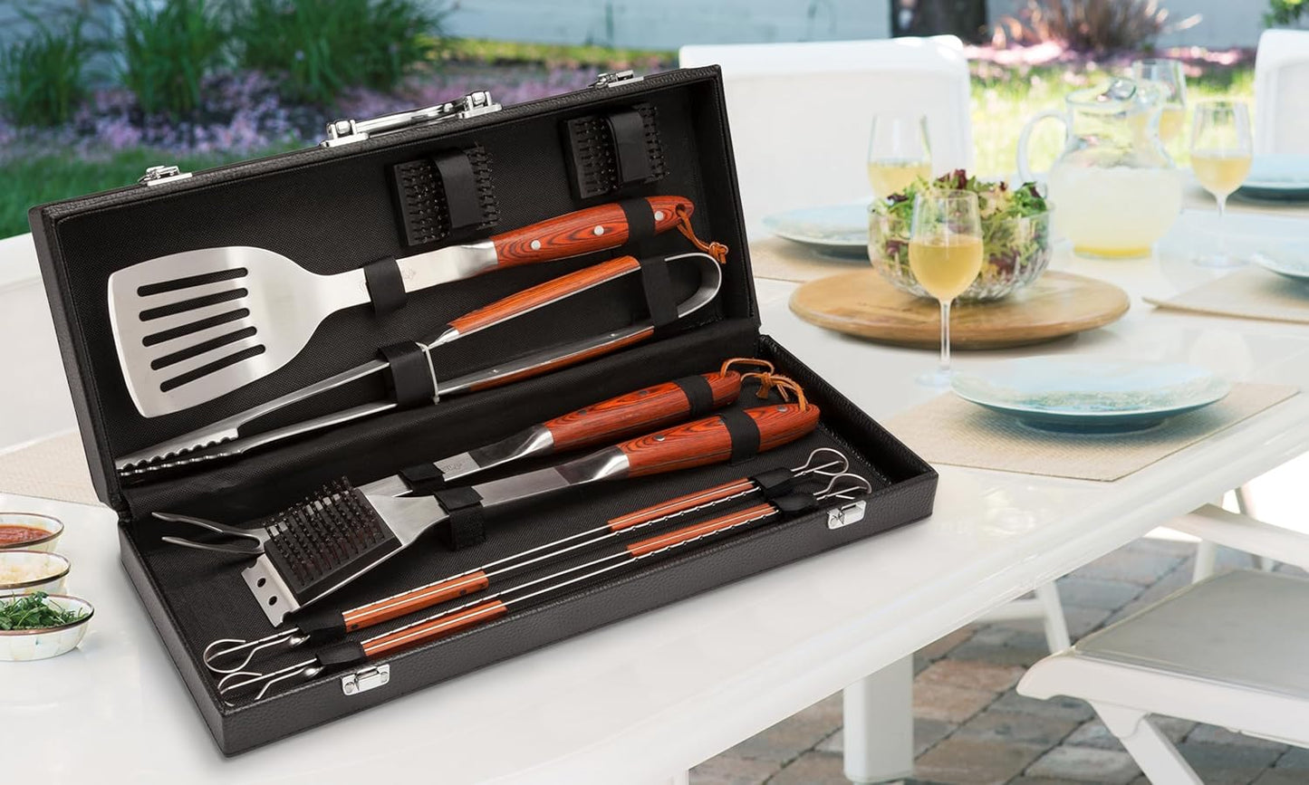 Cuisinart 10-piece stainless steel BBQ grilling set with storage tote including spatula, tongs, and grill brush