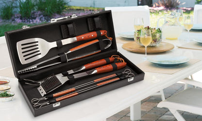 Cuisinart 10-piece stainless steel BBQ grilling set with storage tote including spatula, tongs, and grill brush