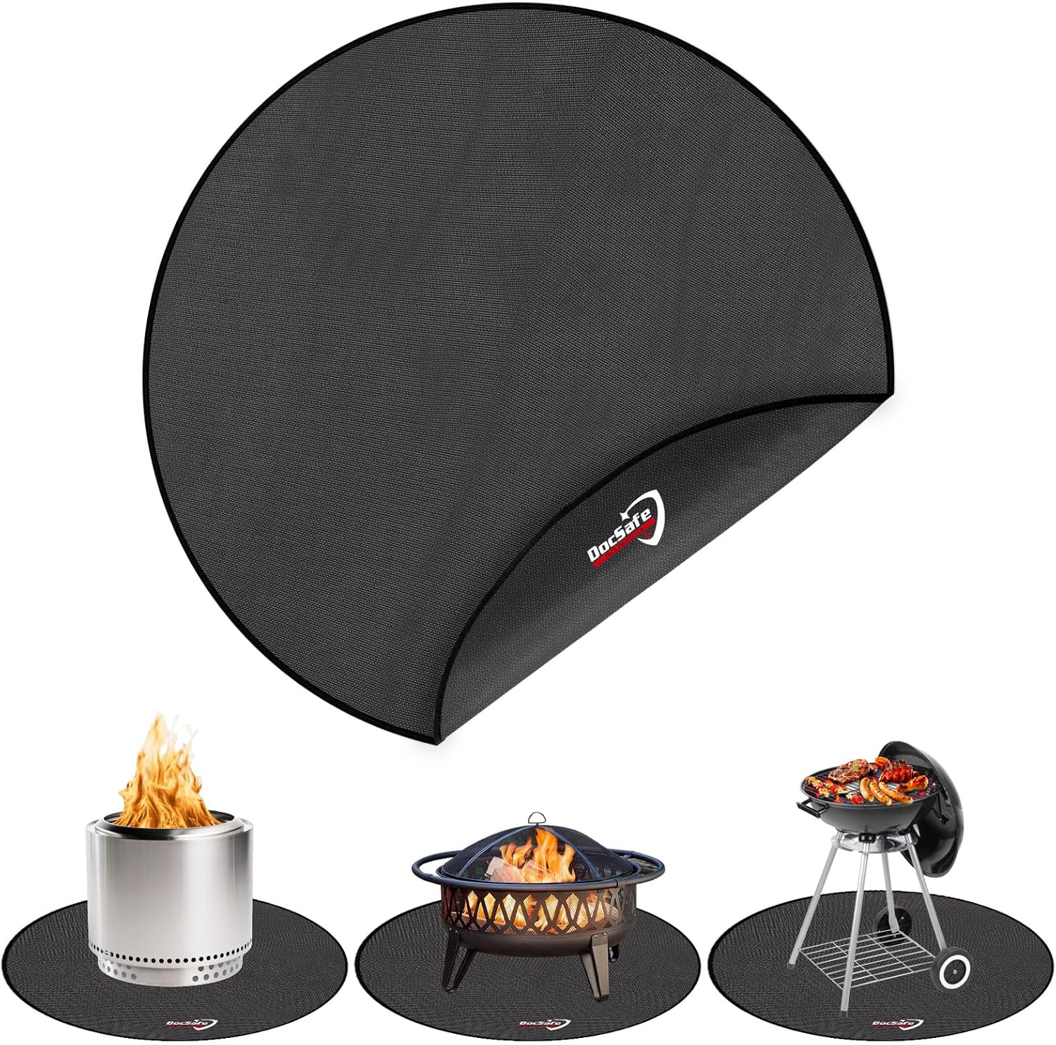Black round 48-inch fireproof fire pit mat placed under an outdoor fire pit on a wooden deck