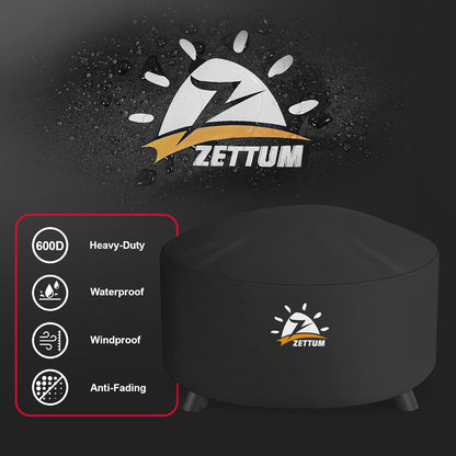 Black round 44-inch heavy duty waterproof fire pit cover with buckle straps on an outdoor fire pit on a patio