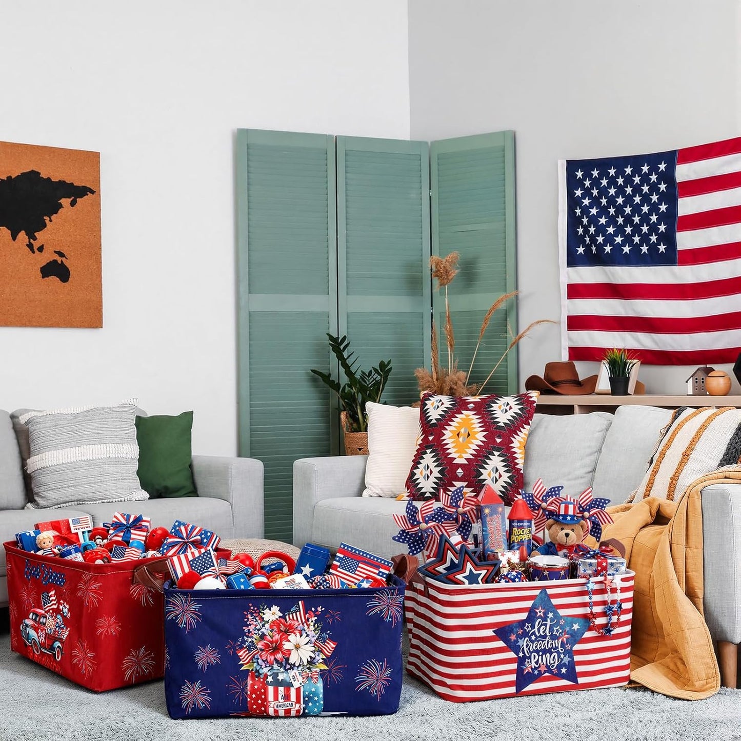 6 pack of collapsible red white and blue patriotic storage baskets with American flag design and handles displayed for 4th of July party and home organization