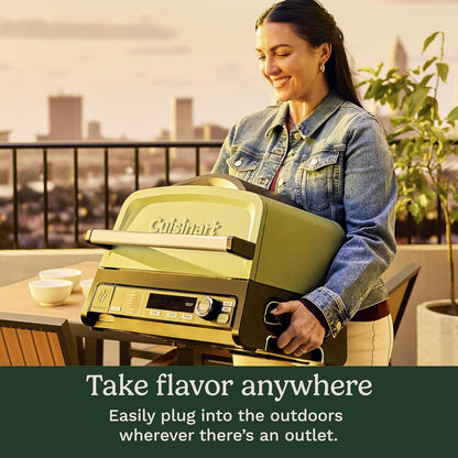 Cuisinart FlavorBoost 8-in-1 electric BBQ grill and portable smoker with air fryer combo, smart probe, and smoke drawer — compact patio and apartment grill CEG-1302