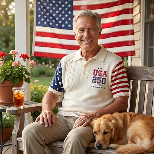 Personalized Embroidered USA 250 Patriotic Knit Sweater Polo | Custom Name | 1776-2026 Independence Day American Flag | 4th of July Gift for Men