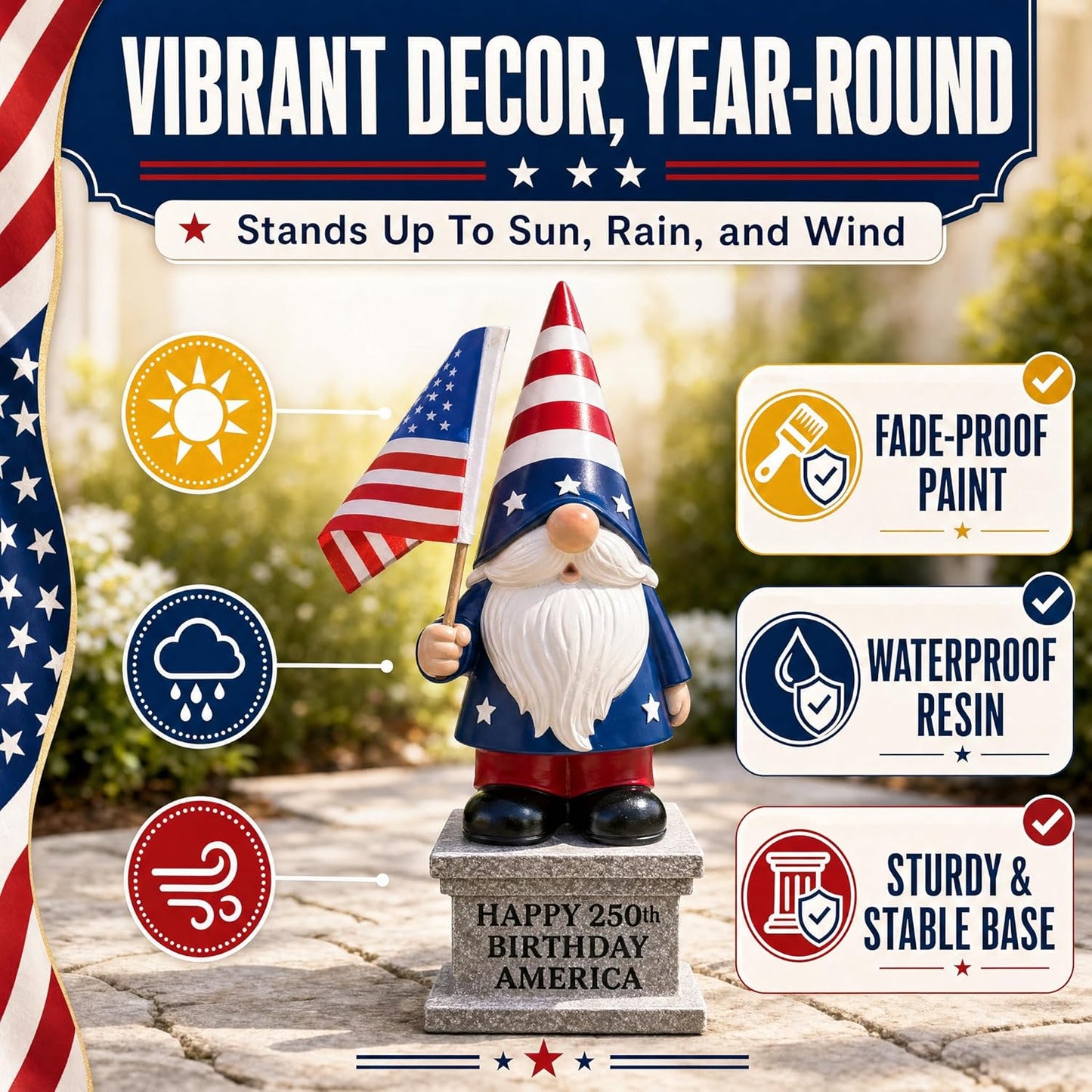 12 inch 4th of July patriotic garden gnome with solar lantern displayed on a lawn as outdoor American flag yard decoration for Independence Day and Memorial Day