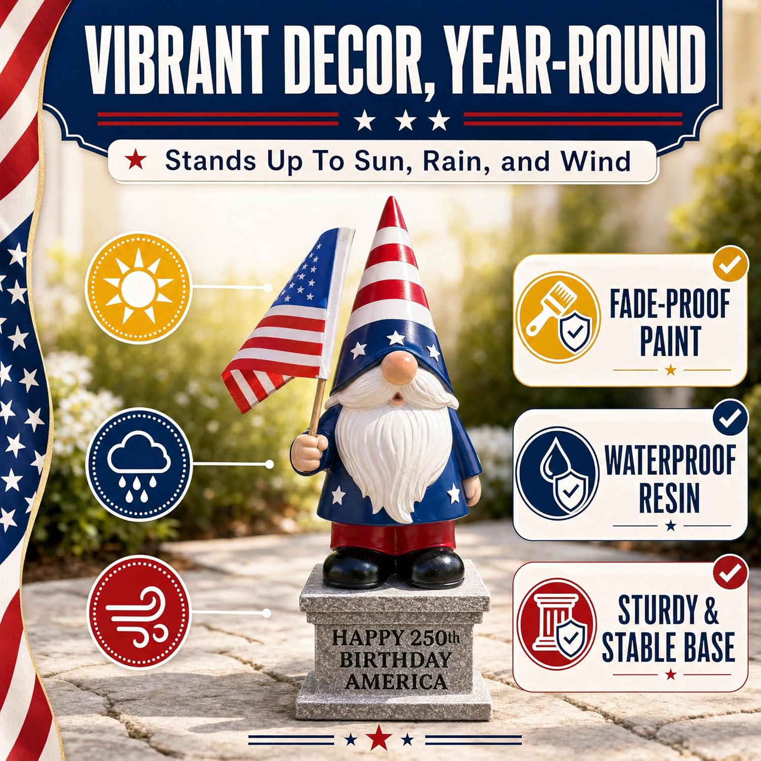 12 inch 4th of July patriotic garden gnome with solar lantern displayed on a lawn as outdoor American flag yard decoration for Independence Day and Memorial Day