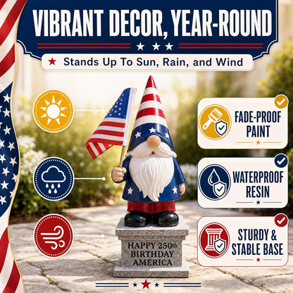 12 inch 4th of July patriotic garden gnome with solar lantern displayed on a lawn as outdoor American flag yard decoration for Independence Day and Memorial Day