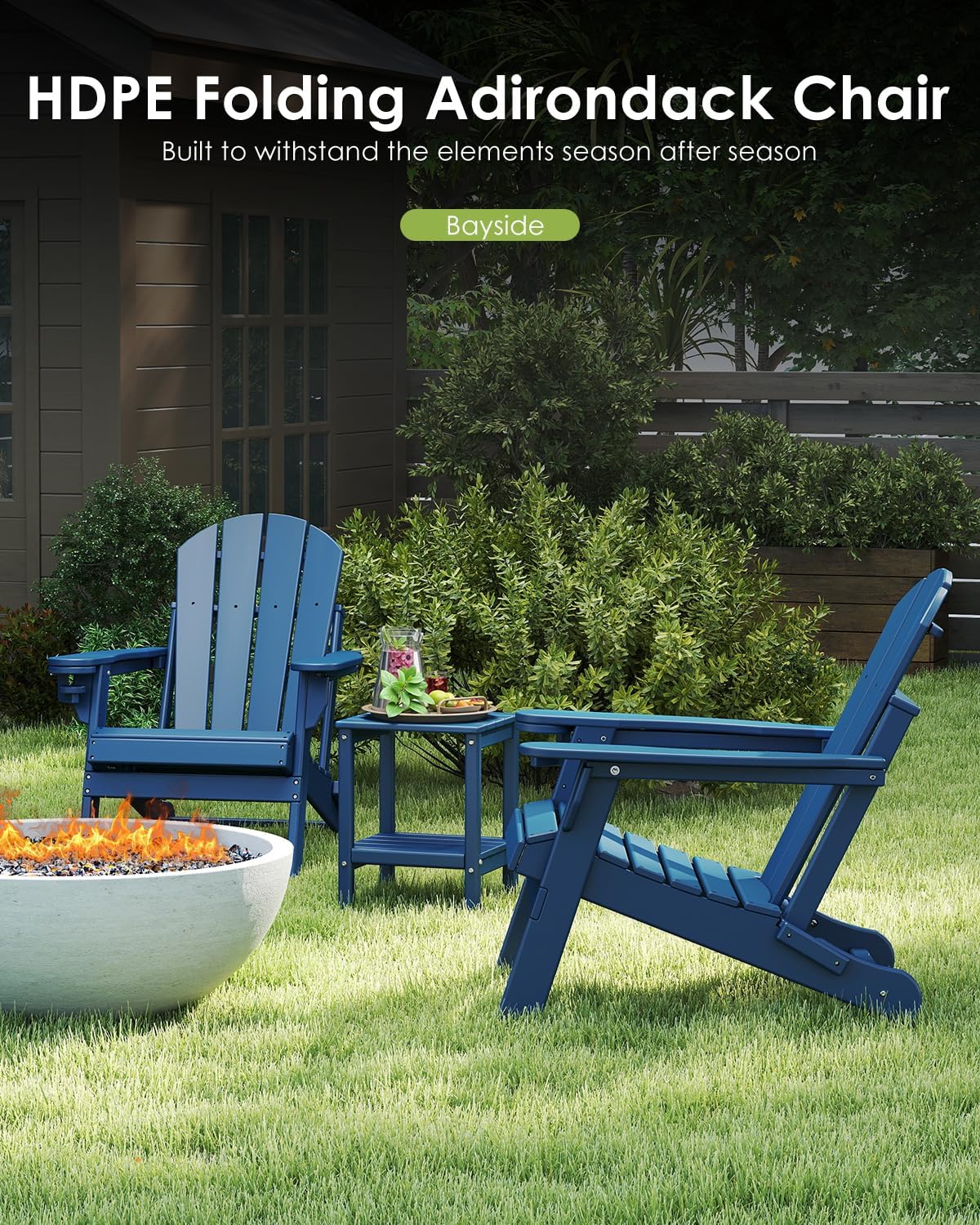 Set of 2 blue folding HDPE Adirondack chairs with cup holders for fire pit deck patio and outdoor use