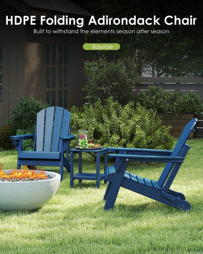 Set of 2 blue folding HDPE Adirondack chairs with cup holders for fire pit deck patio and outdoor use