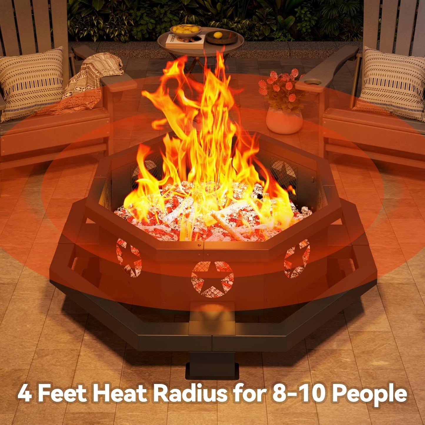 43-inch octagonal black steel wood burning fire pit set up in a backyard patio at dusk with flames burning

