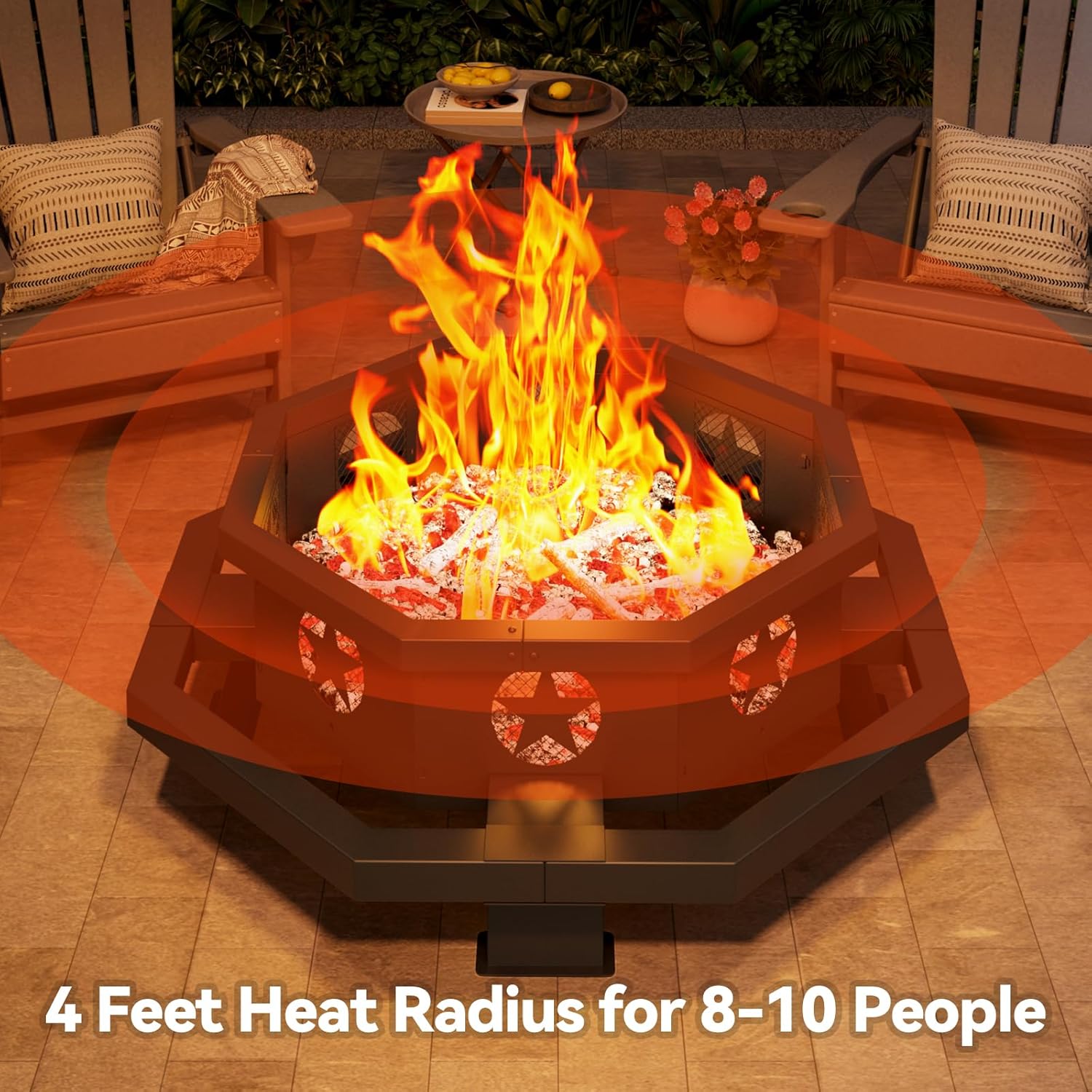 43-inch octagonal black steel wood burning fire pit set up in a backyard patio at dusk with flames burning

