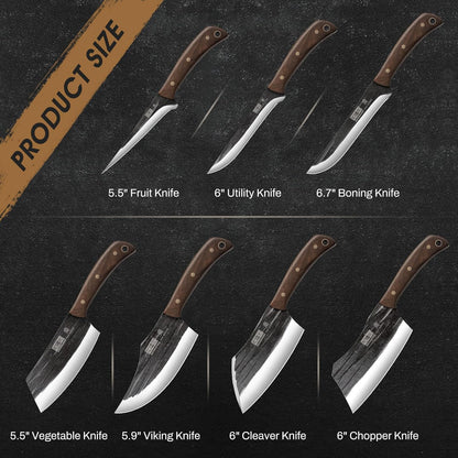 HOSHANHO hand forged butcher knife set with meat cleaver bone chopper and fillet knives in roll bag BBQ and camping gift for men