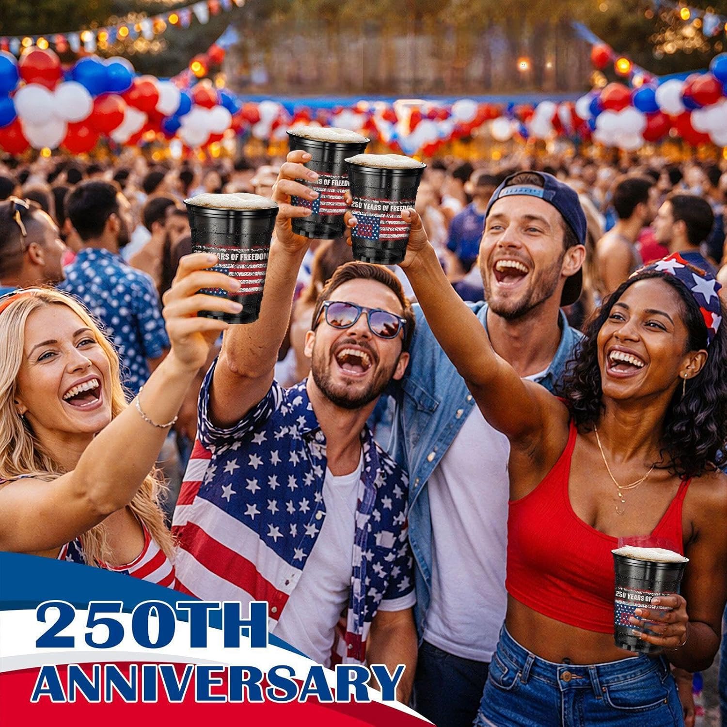 100 pack 12oz 250th Anniversary patriotic disposable plastic cups with American flag 1776-2026 design for 4th of July and veterans day parties