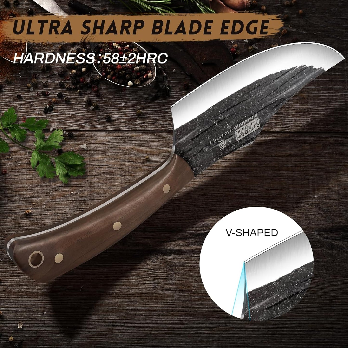 HOSHANHO hand forged butcher knife set with meat cleaver bone chopper and fillet knives in roll bag BBQ and camping gift for men