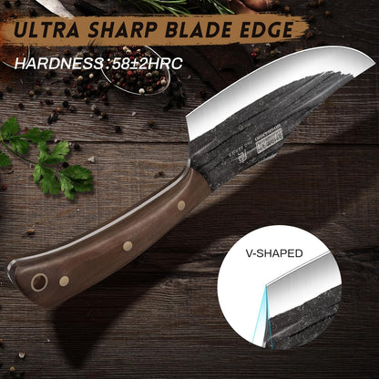 HOSHANHO hand forged butcher knife set with meat cleaver bone chopper and fillet knives in roll bag BBQ and camping gift for men