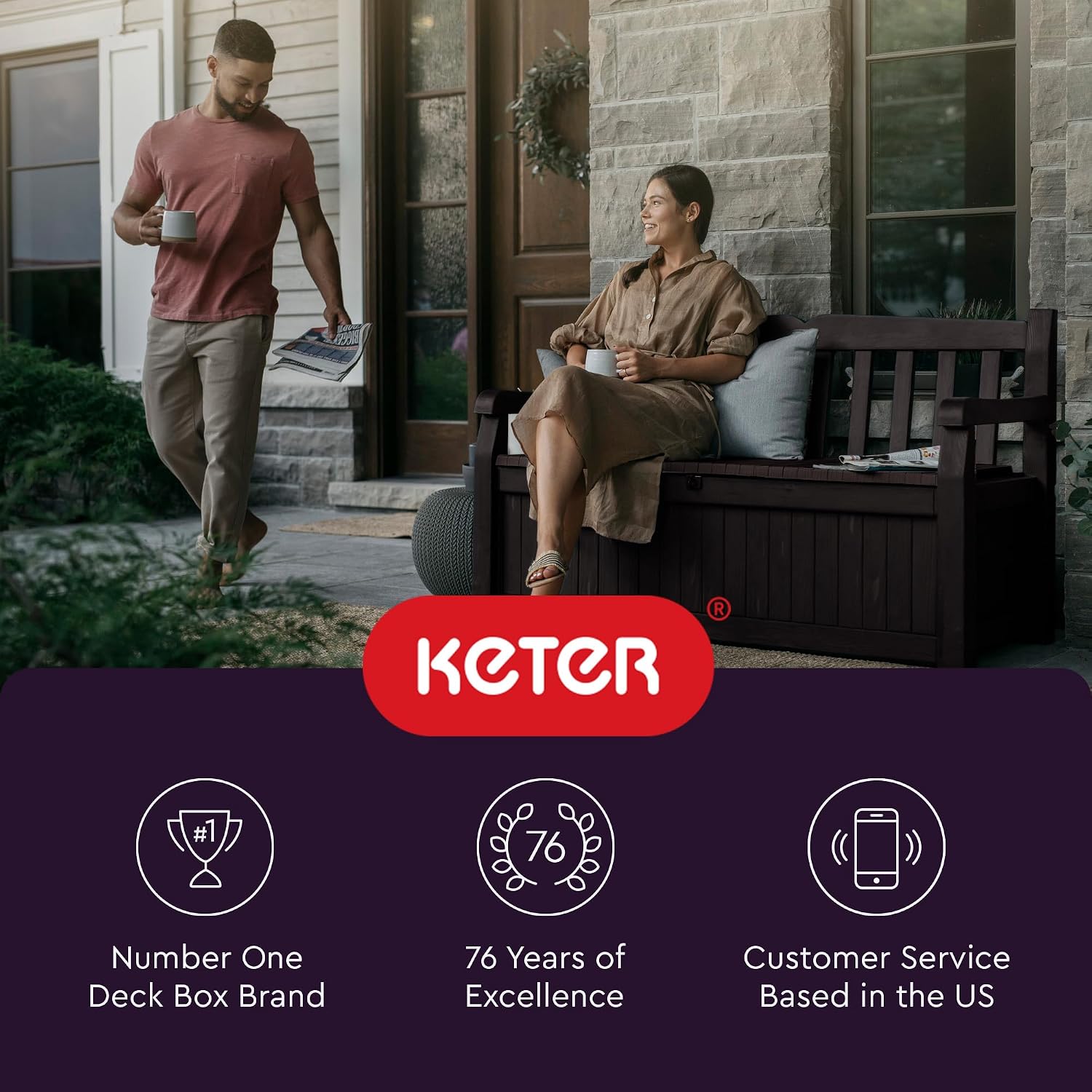 Keter Solana 70 gallon outdoor storage bench deck box in brown resin with wood texture finish on backyard patio storing cushions and pool accessories