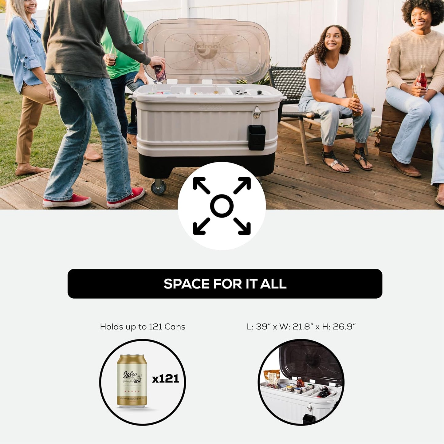 Igloo Party Bar 125 quart rolling hard cooler in gray with removable beverage tub lid, wheeled base, and stainless steel bottle opener for outdoor entertaining