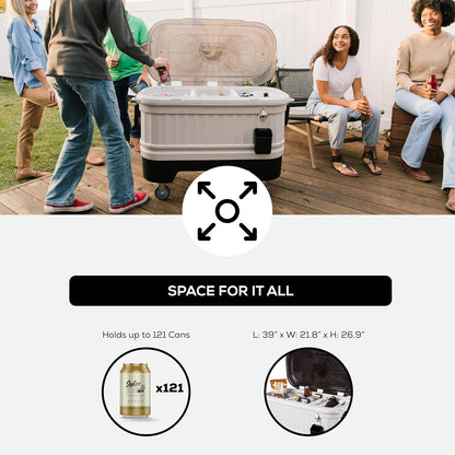 Igloo Party Bar 125 quart rolling hard cooler in gray with removable beverage tub lid, wheeled base, and stainless steel bottle opener for outdoor entertaining