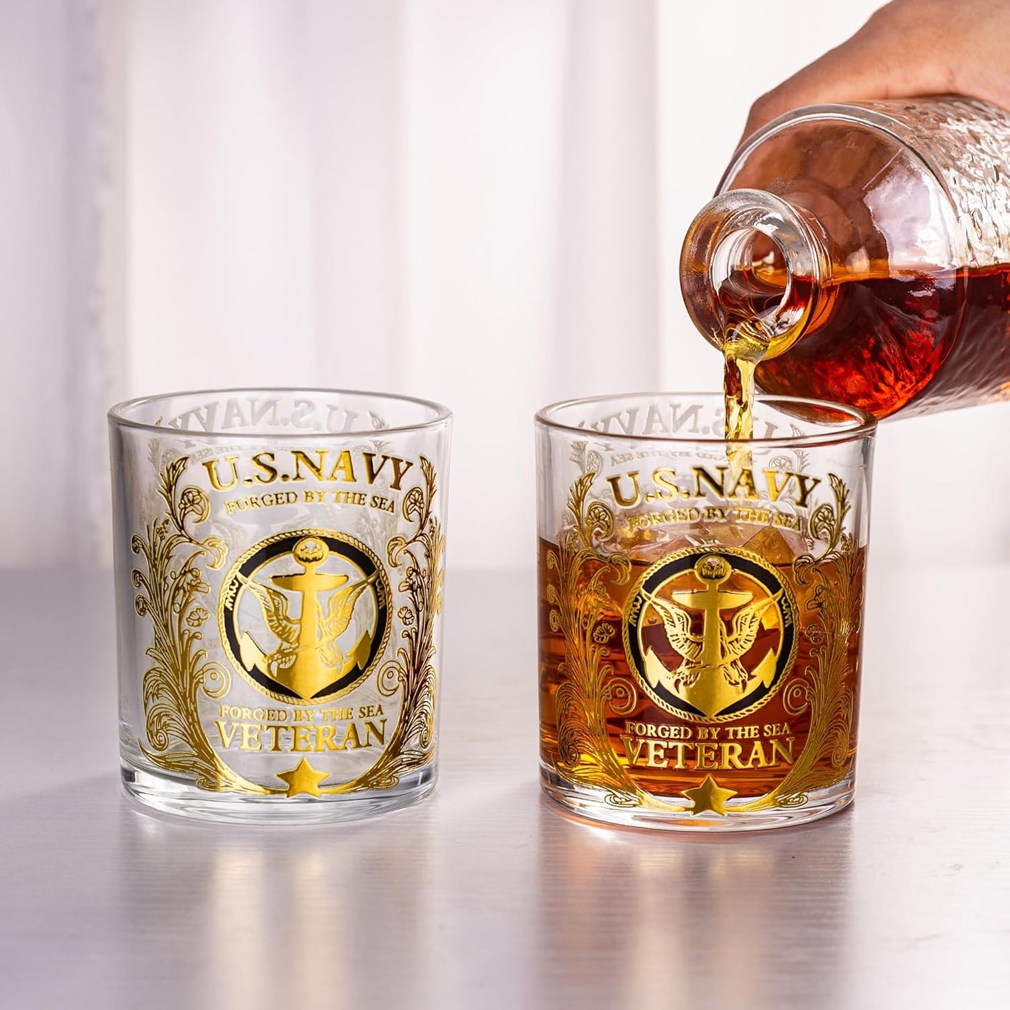 Veteran Tribute Whiskey Glass 10oz — Engraved US Navy Patriotic Military Gift for Men, Dad, Husband, Retirement & Anniversary