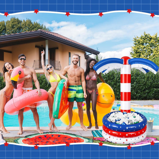 60 inch American flag inflatable palm tree cooler standing poolside decorated in red white and blue for a 4th of July party