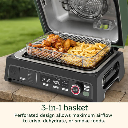 Cuisinart FlavorBoost 8-in-1 electric BBQ grill and portable smoker with air fryer combo, smart probe, and smoke drawer — compact patio and apartment grill CEG-1302