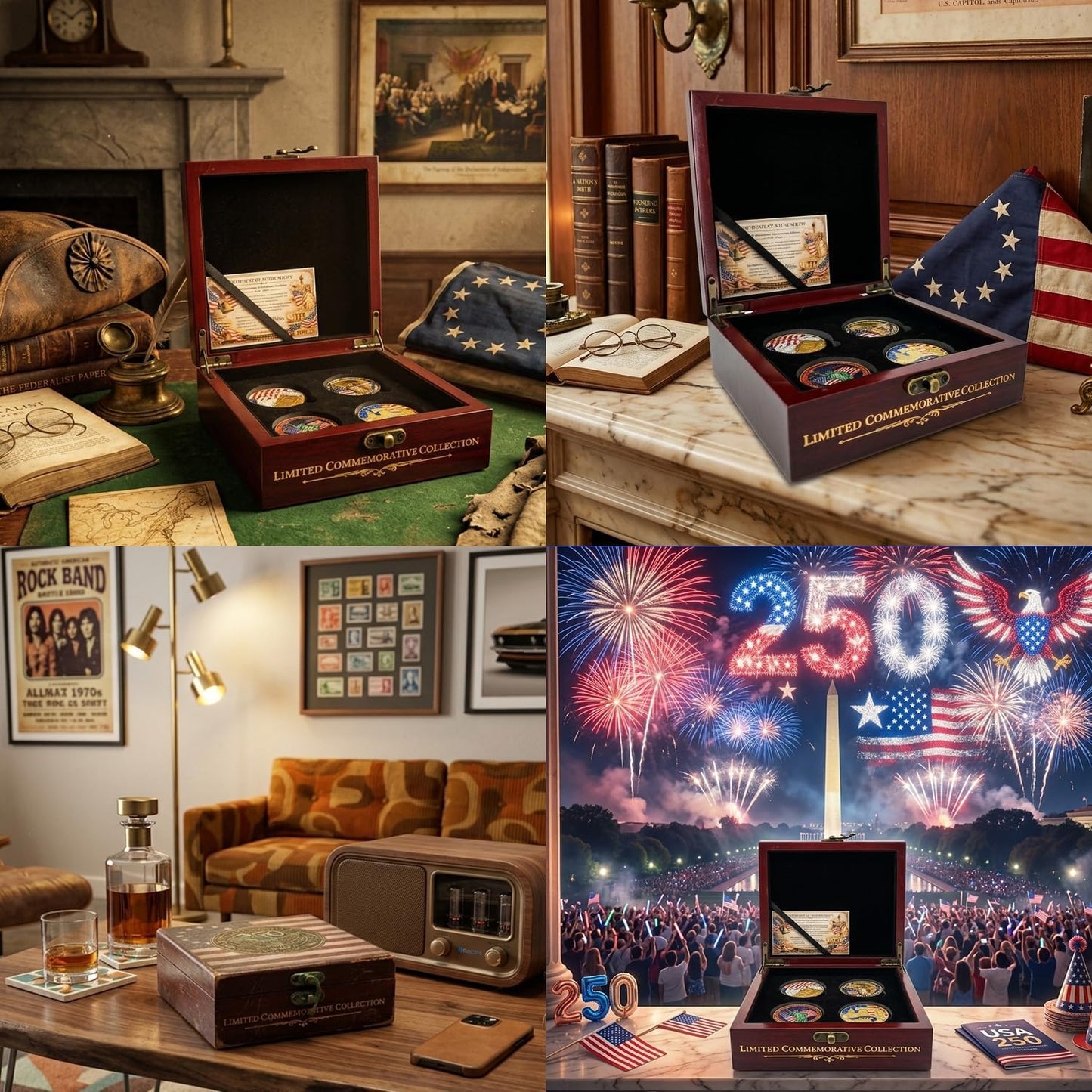250th Anniversary USA Coin Set (1776–2026) — 4-Piece Patriotic Challenge Coins with Wooden Box & Card | America 250th Commemorative Keepsake Gift