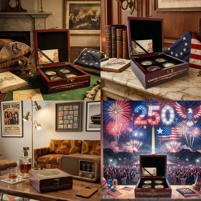 250th Anniversary USA Coin Set (1776–2026) — 4-Piece Patriotic Challenge Coins with Wooden Box & Card | America 250th Commemorative Keepsake Gift
