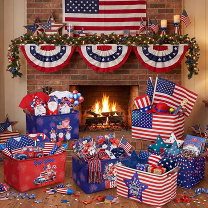 6 pack of collapsible red white and blue patriotic storage baskets with American flag design and handles displayed for 4th of July party and home organization