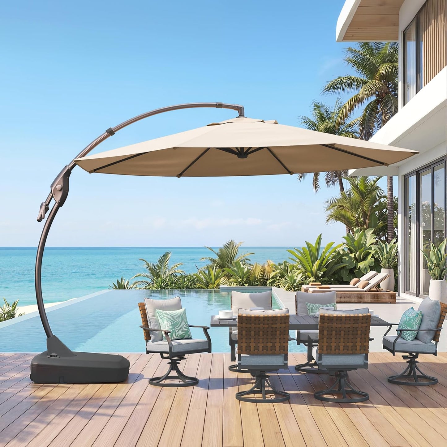 Grand Patio 11 foot cantilever offset umbrella in champagne with wheeled base providing shade over backyard patio seating area