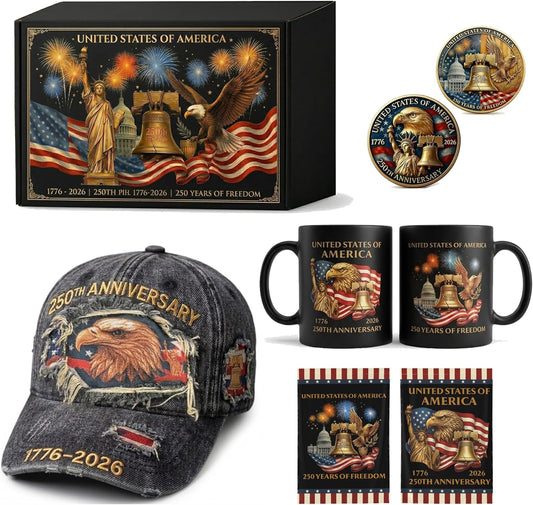 USA 250th Anniversary Gift Set — Patriotic Hat, Garden Flag, Mug & Commemorative Coin for Dad, Veterans & July 4th