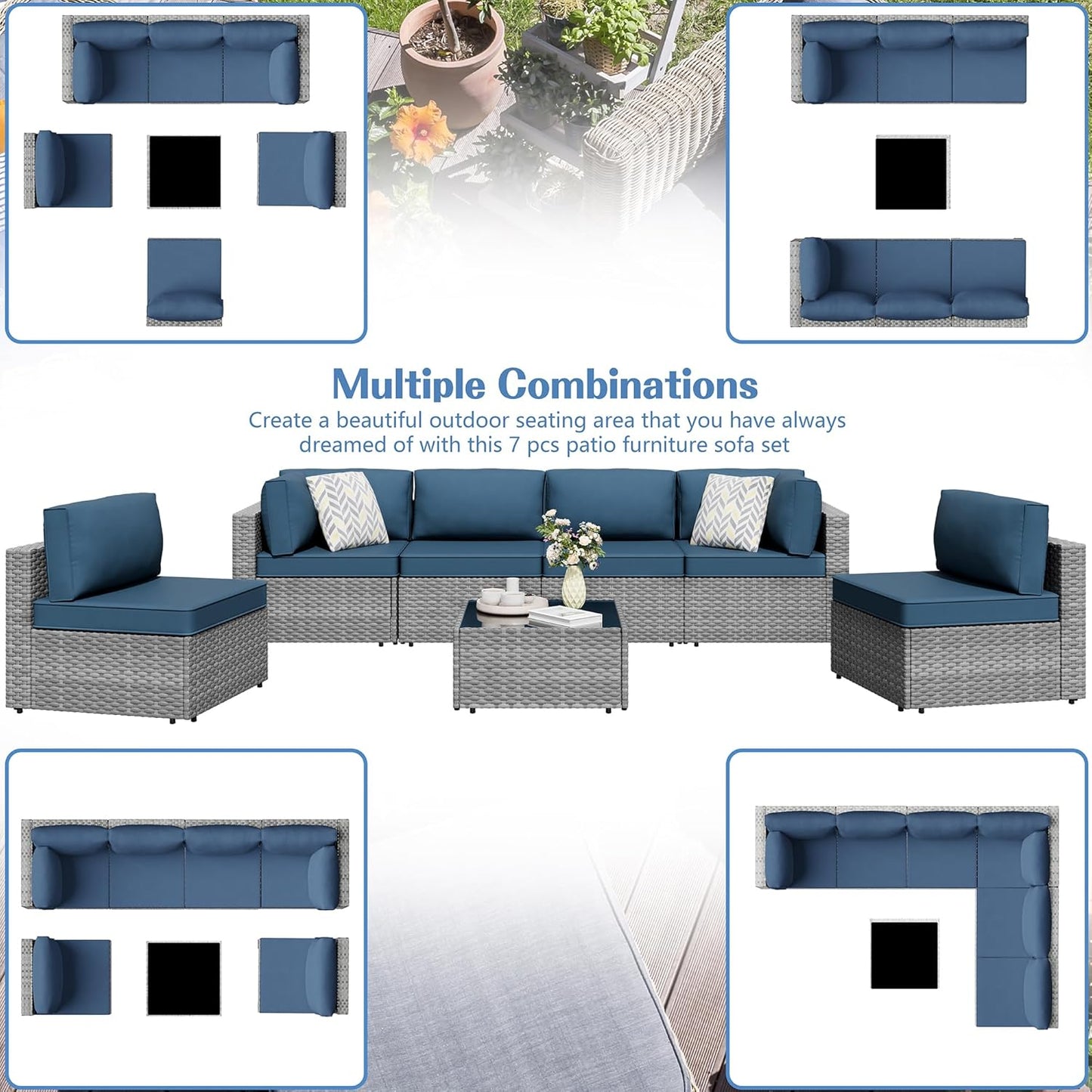 Shintenchi 7-piece outdoor patio furniture set with gray PE wicker modular sectional sofa and Aegean Blue washable cushions for backyard and deck