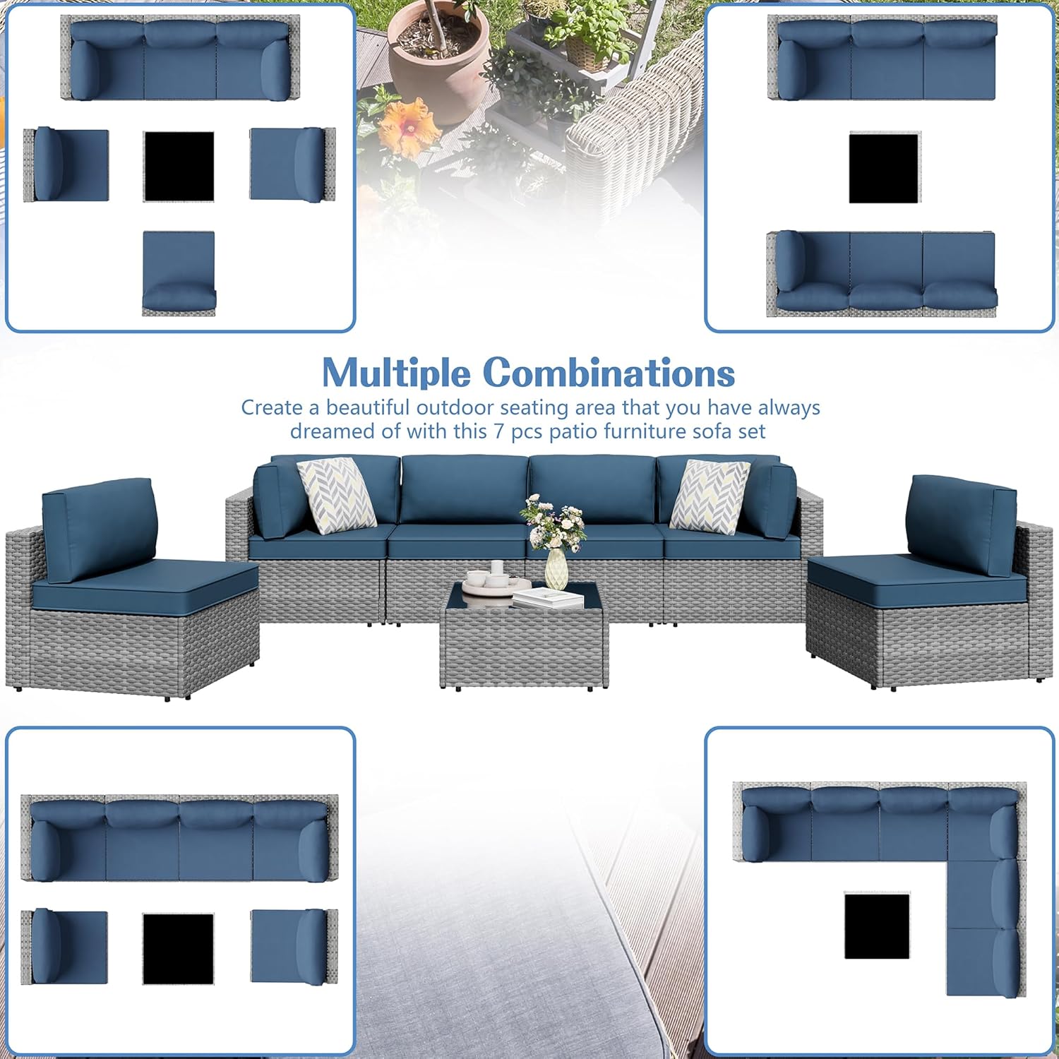 Shintenchi 7-piece outdoor patio furniture set with gray PE wicker modular sectional sofa and Aegean Blue washable cushions for backyard and deck