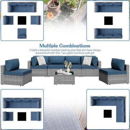 Shintenchi 7-piece outdoor patio furniture set with gray PE wicker modular sectional sofa and Aegean Blue washable cushions for backyard and deck