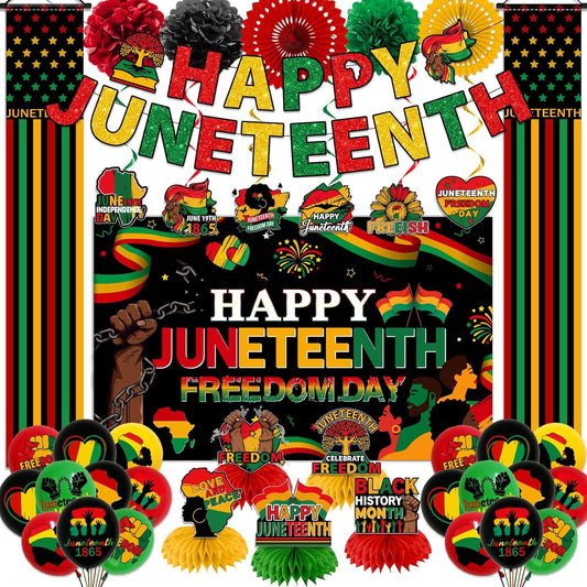 Happy Juneteenth party decorations set including banner, balloons, backdrop, honeycombs, hanging swirls, pom poms and paper fans in red black and green