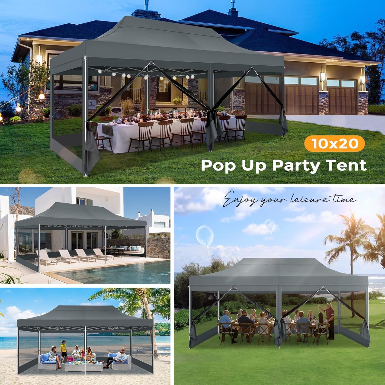 COBIZI 10x20 heavy duty gray pop up canopy tent with 6 mosquito netting sidewalls set up in backyard for outdoor party
