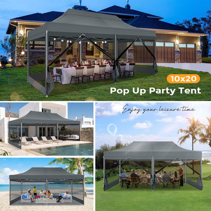 COBIZI 10x20 heavy duty gray pop up canopy tent with 6 mosquito netting sidewalls set up in backyard for outdoor party