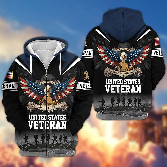 United States Veteran zip-up military hoodie patriotic fleece sweatshirt gift for veterans