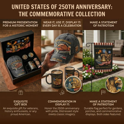 USA 250th Anniversary Gift Set — Patriotic Hat, Garden Flag, Mug & Commemorative Coin for Dad, Veterans & July 4th
