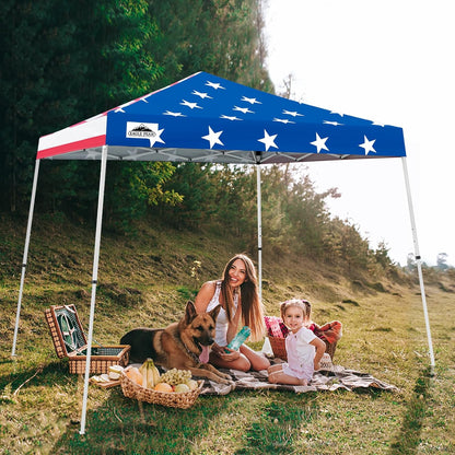 Eagle Peak 10x10 American Flag slant leg pop-up canopy tent set up outdoors with bold patriotic red white and blue design