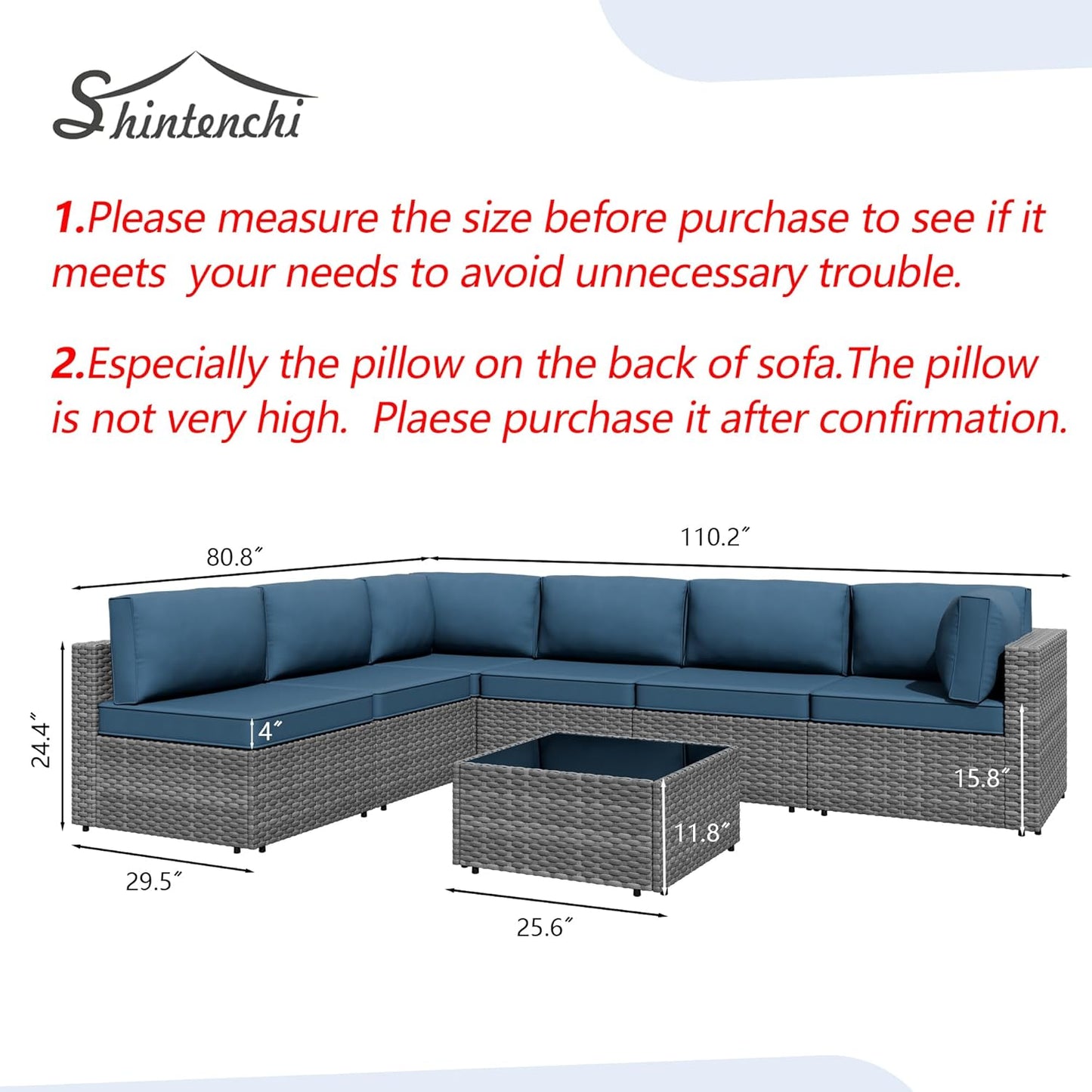 Shintenchi 7-piece outdoor patio furniture set with gray PE wicker modular sectional sofa and Aegean Blue washable cushions for backyard and deck