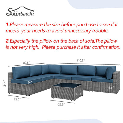 Shintenchi 7-piece outdoor patio furniture set with gray PE wicker modular sectional sofa and Aegean Blue washable cushions for backyard and deck