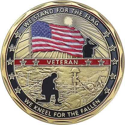 US Military veteran challenge coin with Stand for the Flag Kneel for the Fallen engraving