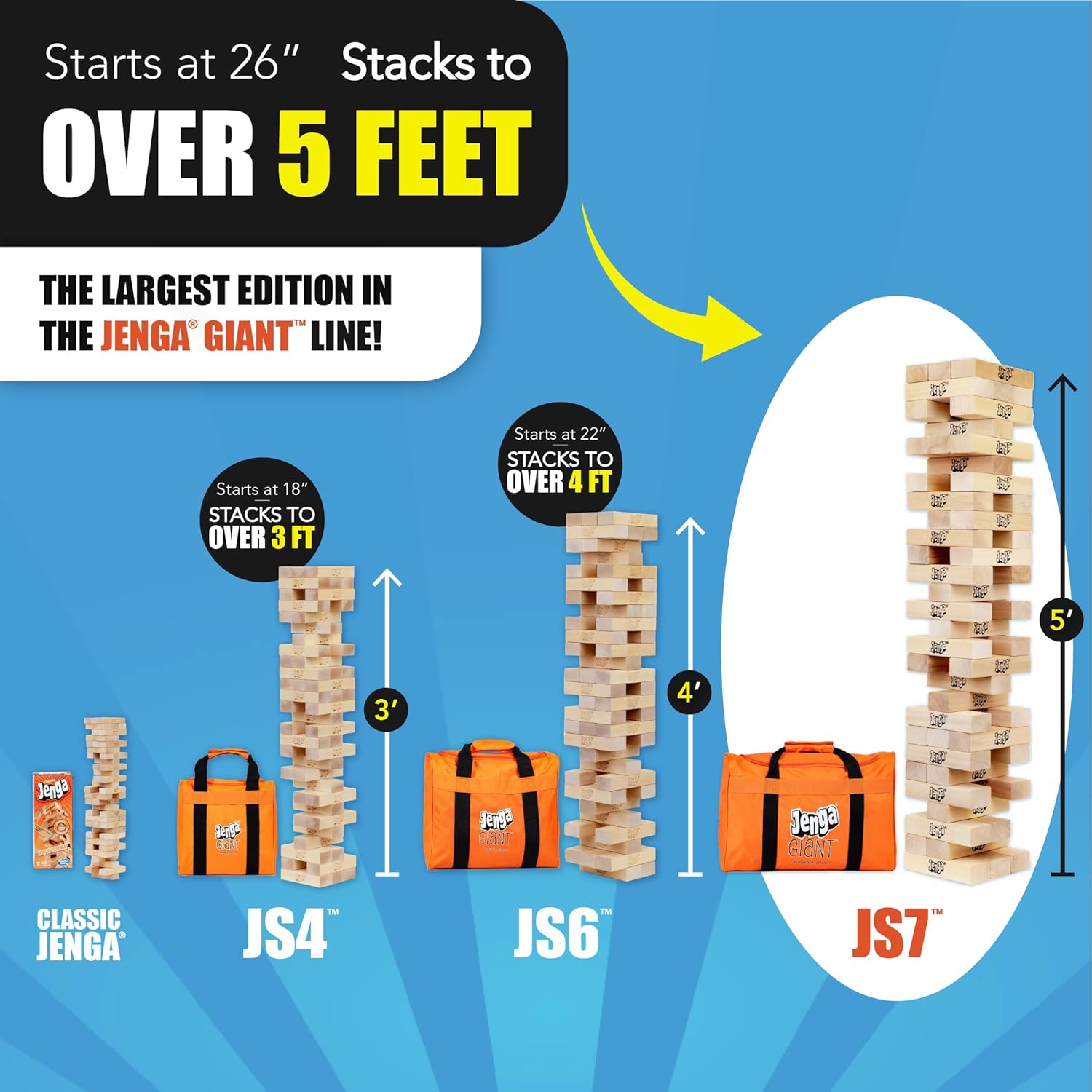 Jenga GIANT hardwood stacking game tower over 5 feet tall with 54 wood blocks set up outdoors at a backyard party