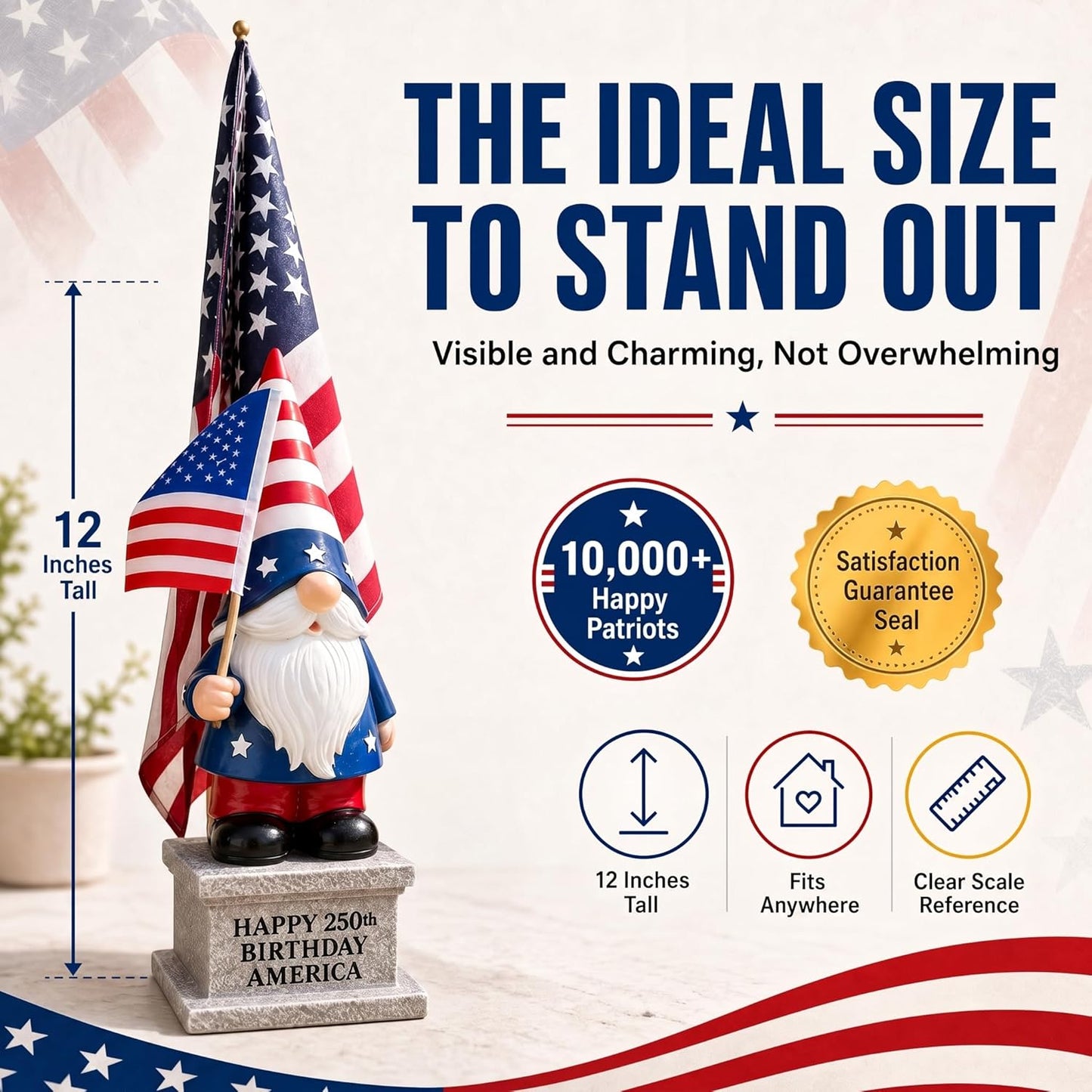 12 inch 4th of July patriotic garden gnome with solar lantern displayed on a lawn as outdoor American flag yard decoration for Independence Day and Memorial Day