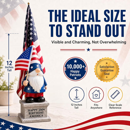 12 inch 4th of July patriotic garden gnome with solar lantern displayed on a lawn as outdoor American flag yard decoration for Independence Day and Memorial Day