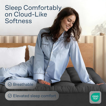 100% Cotton Top Queen Mattress Topper - Cloud-Like Mattress Pad for Back Pain Relief - Breathable & Naturally Cooling for Hot Sleepers, Dark Gray